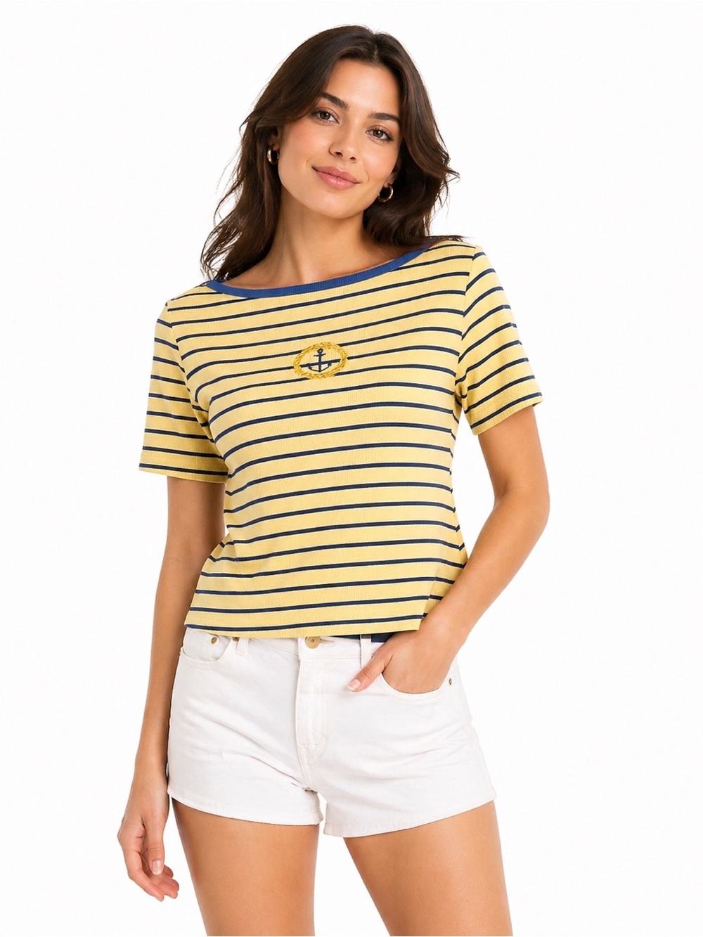 Sag Harbor Yellow and Blue Striped Short Sleeve Top